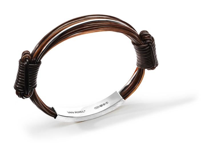 Een luxe, High End 18 kt Witgouden heren- of dames-armband, handgemaakt met exclusief bruin Olifantenhaar en schuifknopen - Large